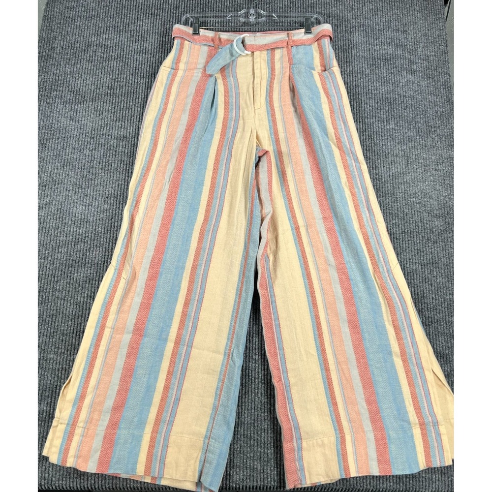 Anthropologie Pants Womens Size 6P Petite Yellow Blue Striped Linen Blend